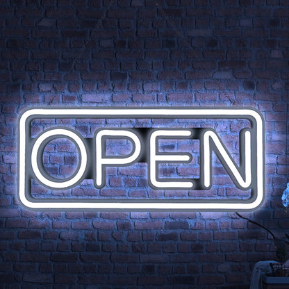 LED neon lights, store business signs, blue flashing lights, OPEN signs for shops and bars