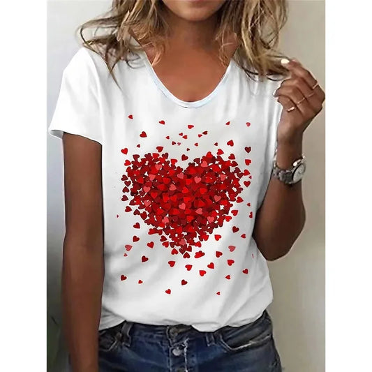 1PC Milk Silk European Style Women's Red Love Print V-neck T-shirt Blouse Short Sleeve