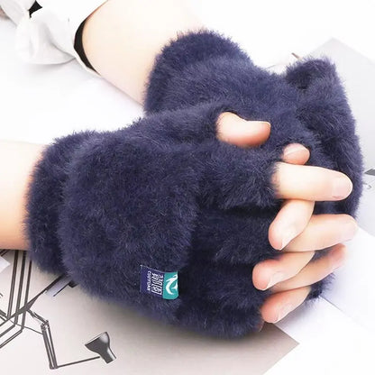 Fashionable Half Finger Gloves Suitable for Women's Soft and Warm Winter Luxurious Solid Color Plush Knitted Fingerless Gloves