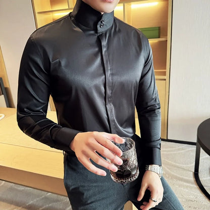 Mens Slim Fit Stand Shirt Fashion High collar Shirts Men Spring Autumn Solid Color Long Sleeve Korean Style Smart Casual Shirts