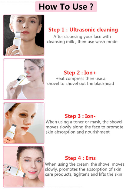 Ultrasonic Skin Scrubber Remover Blackhead Ultrasonic Peeling Facial Scrubber Shovel Deep Cleaning Face Lifting Remove Pore Acne