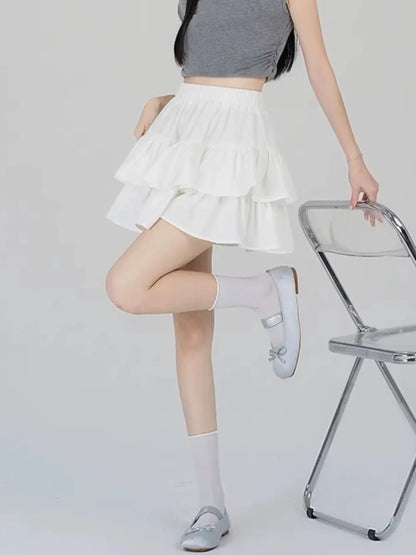 Summer Kawaii Mini A-line Skirt Adorable Flirty High Waist Ruffle Patchwork Lolita Ball Gown Y2K Korean Sweet Women's Clothing