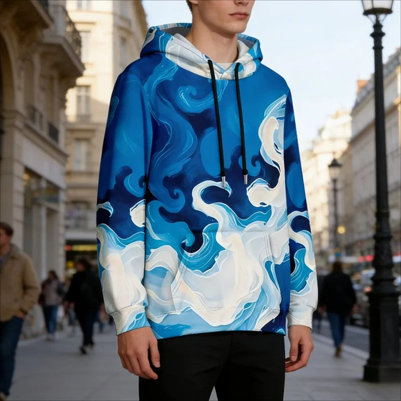 Men's Oversize Hoodie Modern Abstract Art Print Sweatshirt Fluid Graphic Pullover Hoodie with Pocket Streetwear Couple Fashion
