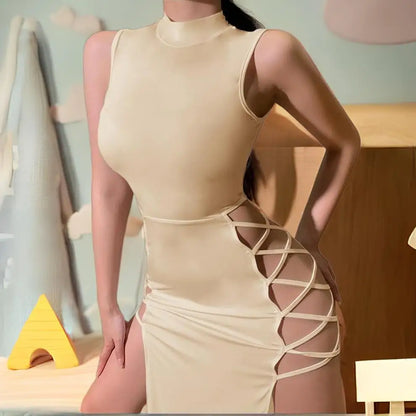 Women Sleeveless Turtleneck Bandage Tank Slit Dress Summer Fashion Sexy Slim Straps Dresses Long Hollow Out Irregular Vestidos