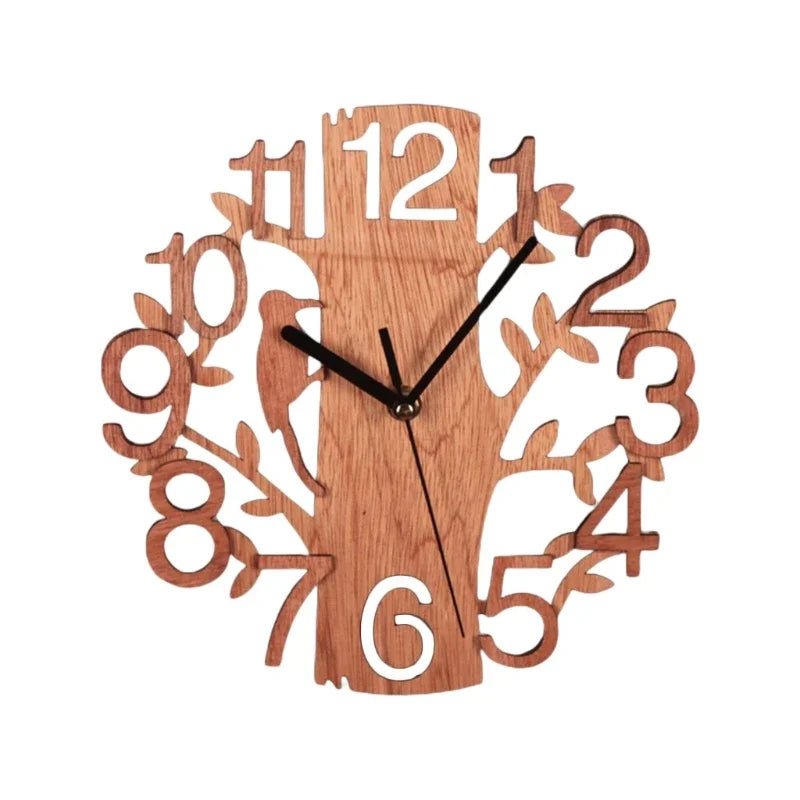 3D Wall Clock 23cm Dia Creative  Tree Shaped with Bird Wooden Wall Clock Home Kitchen Office Decoration Number Silent Clock